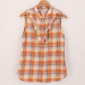 Blake Shelton x Lands End Plaid Ruffle Sleeveless Top Womens Size S Western Snap